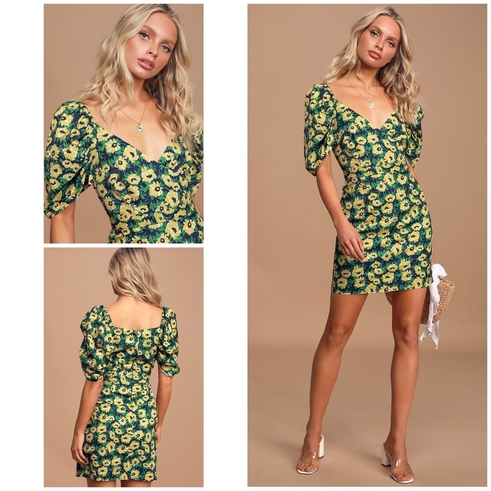 NWT Lulu's Floral Inclusive Navy Blue Floral Print Puff Sleeve Mini Dress S​​​​​